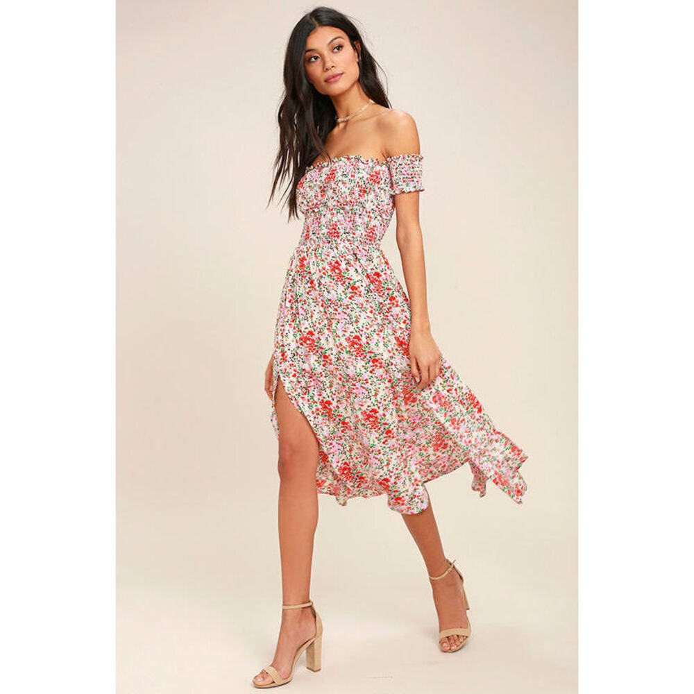 Lulus View From The Meadow Cream Floral Print Off-the-shoulder Dress Beige